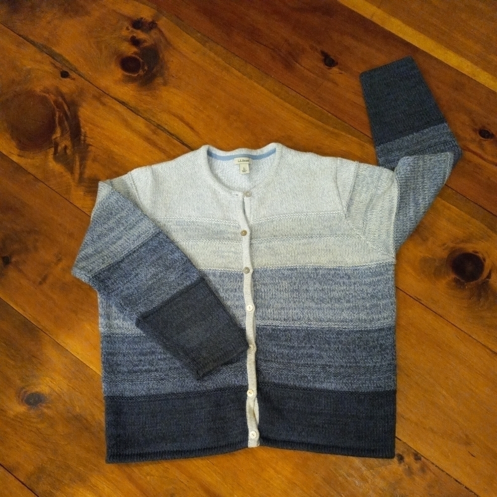 LL Bean Shades of  Blue Button Front Cardigan  Sweater  Size L Petite.